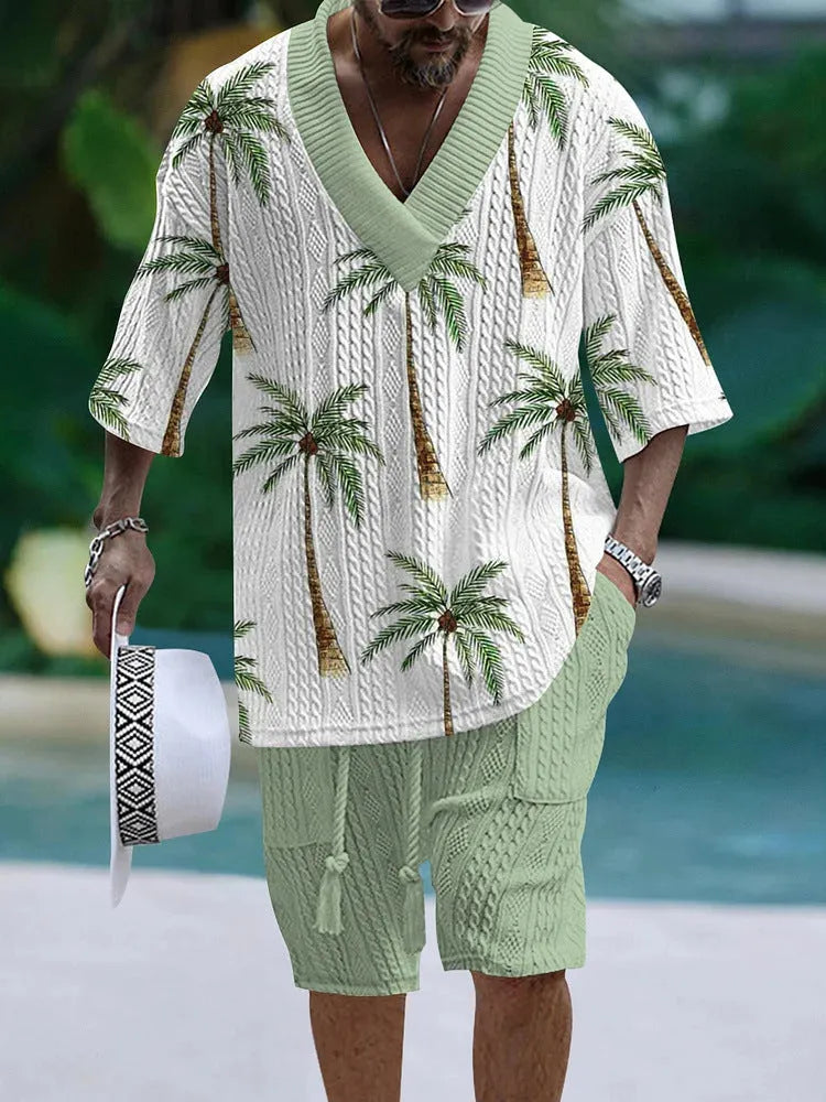 Loose casual short sleeve suit two-piece set in polyester fabric, showing top and shorts.