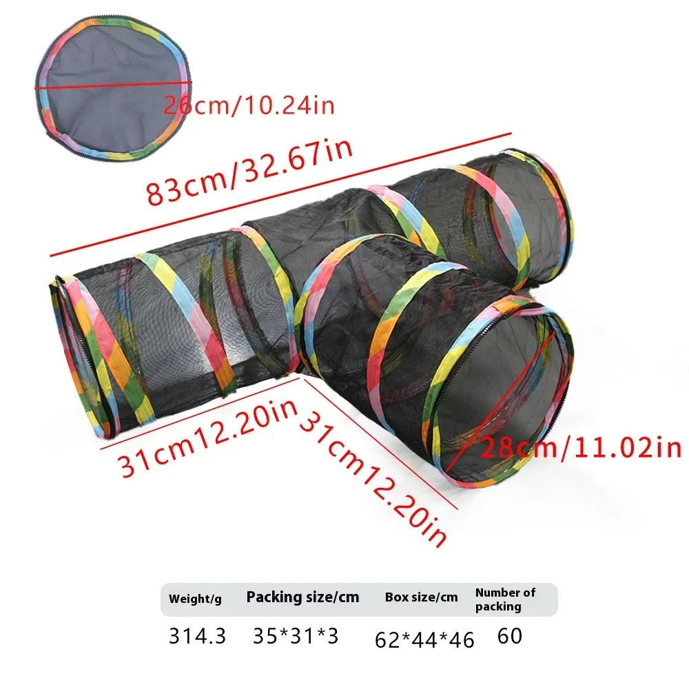 Foldable mesh cat tunnel toy shown in a square shape configuration
