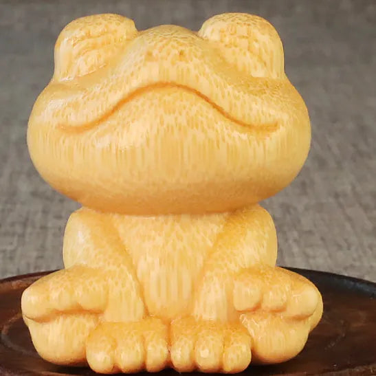 Solid bamboo smiling frog carving ornament 5cm height cartoon decoration