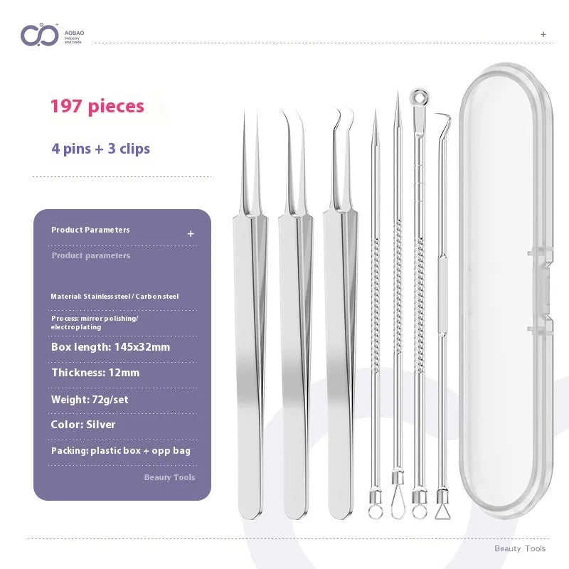 Four metal acne needles with pointed tips arranged on a clean surface.