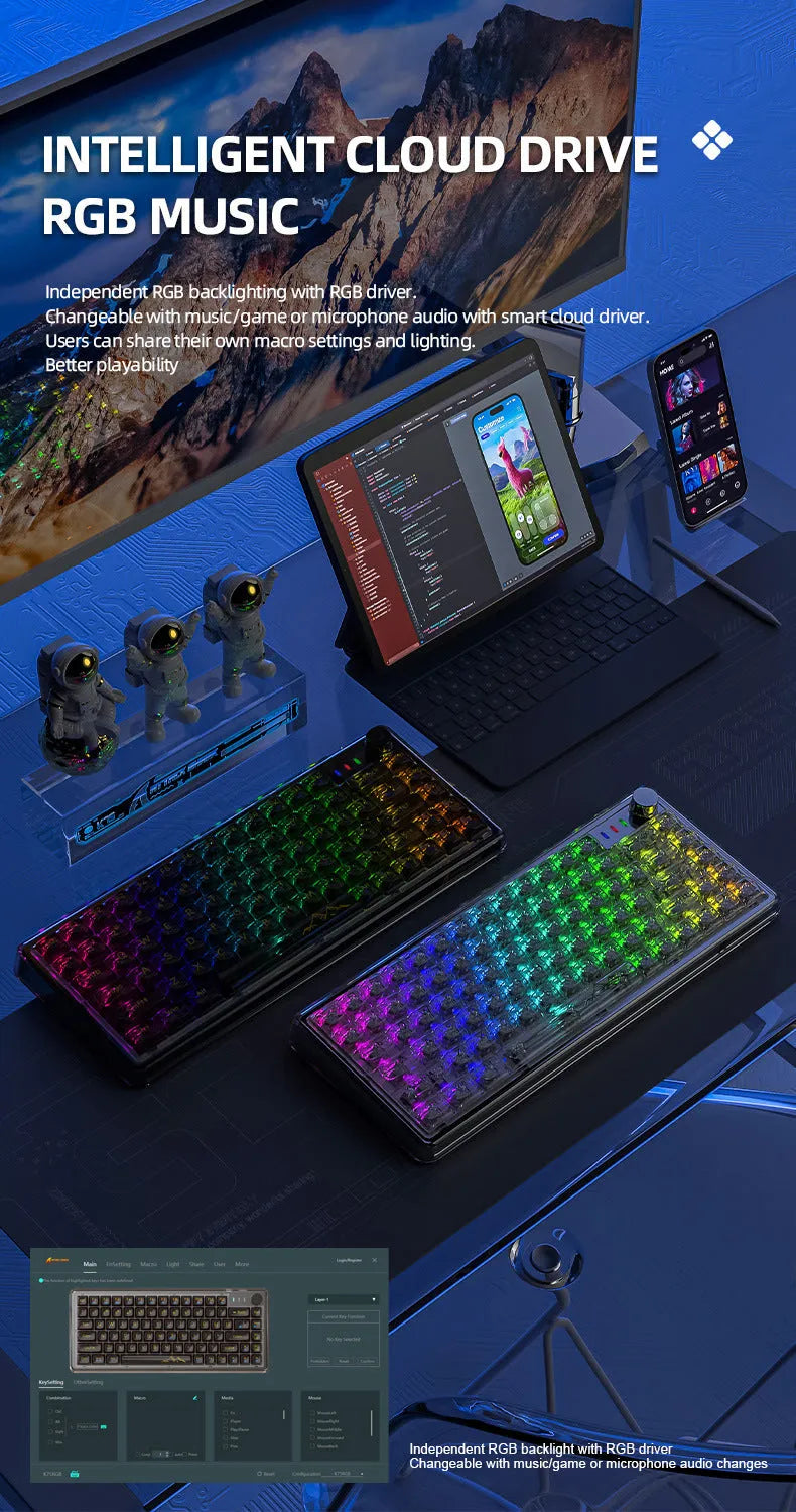 Attack Shark K75RGB wireless mechanical keyboard with transparent black or white PC case and RGB lighting.