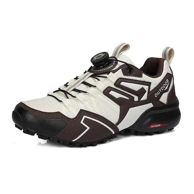 Off-road hiking shoes with elastic band closure in beige, black, and black red colour options