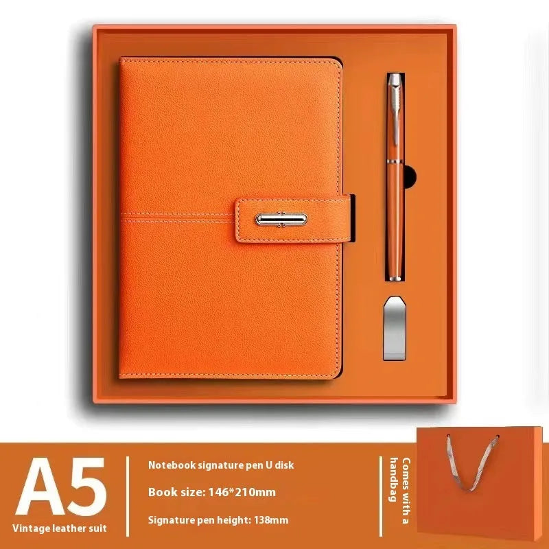 A5 notebook with imitation leather cover in multiple colour options including black, red, green, blue, and orange.