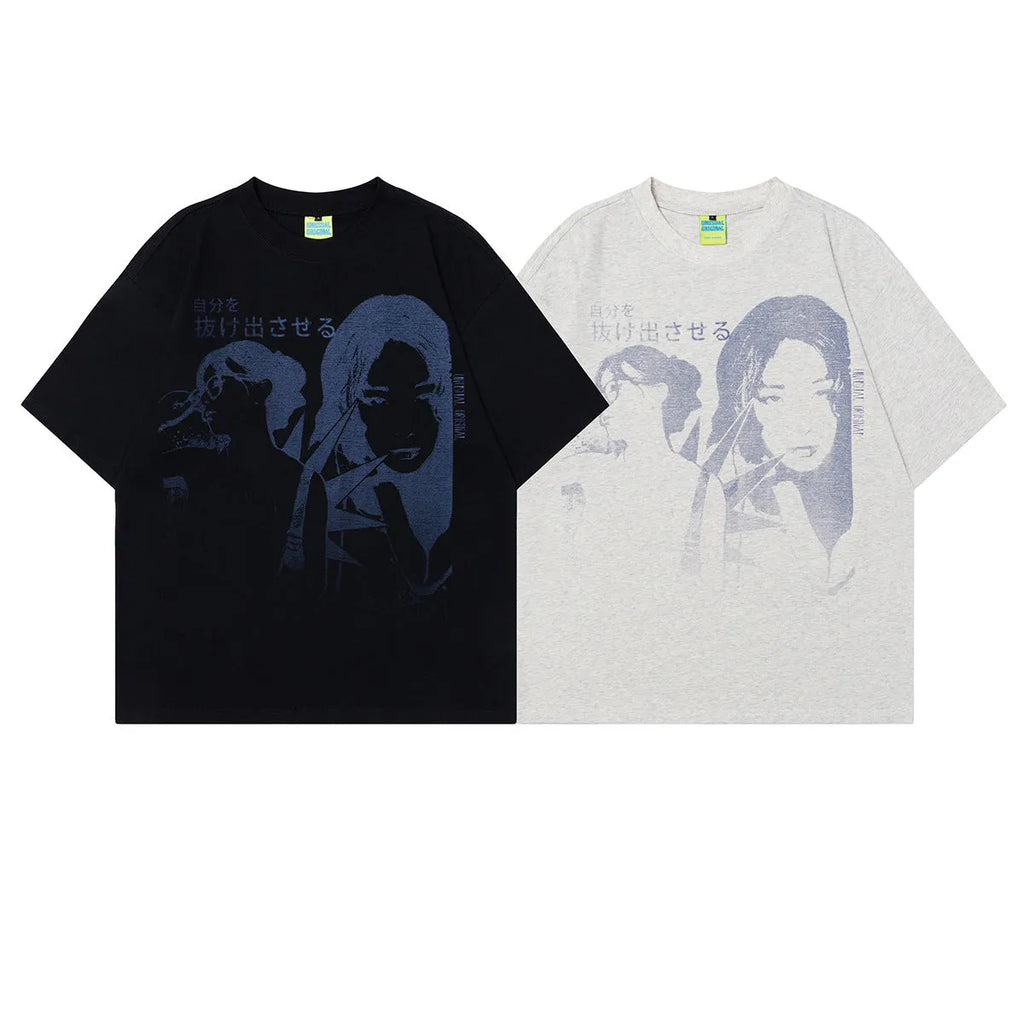 Men's grey retro graphic t-shirt with character design in loose fit cotton construction