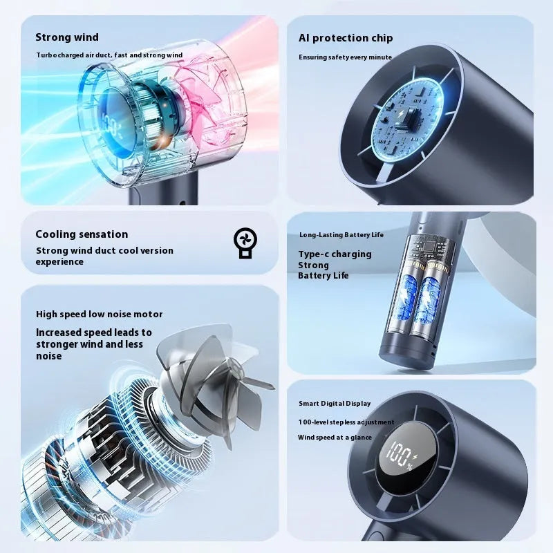 Handheld small wind gun fan with digital display in khaki, 6-speed brushless motor, 1200mAh USB rechargeable
