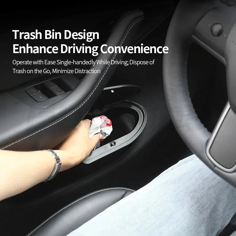 Two black ABS plastic car door trash cans for Tesla Model Y front door compartments