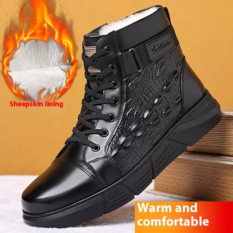 Women's black fur-lined leather snow boots with rubber soles and lace-up front