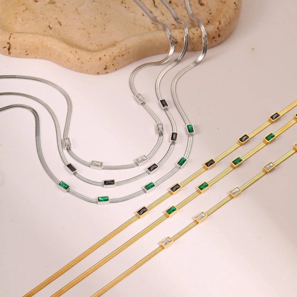 Geometric square zircon necklace on flat snake chain with gold or steel colour electroplated finish