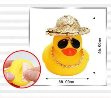 Yellow cartoon duck with straw hat car dashboard ornament with base glue and sunglasses accessory