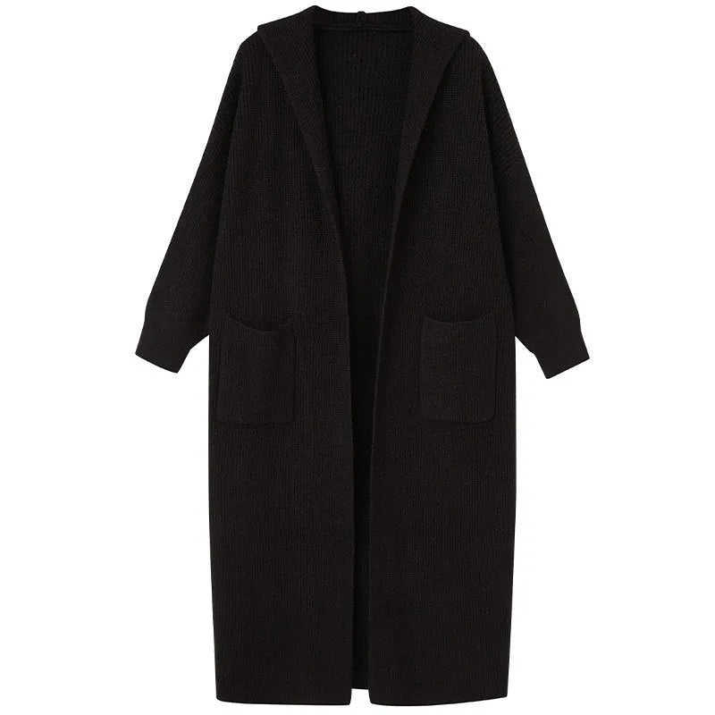 Long grey knitted cardigan hooded trench coat with splicing detail on mannequin
