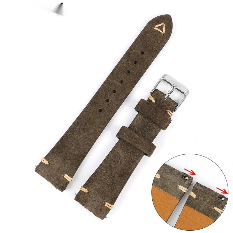 Brown genuine suede leather watch strap with small waist design on a wrist.