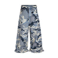 Snow camouflage blue loose-fit jeans showing mid-waist design and micro-elastic cotton denim fabric