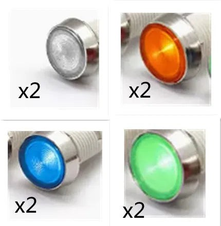 10mm stainless steel edge plastic indicator light with wire, showing blue, green, red, white, and yellow colour options.