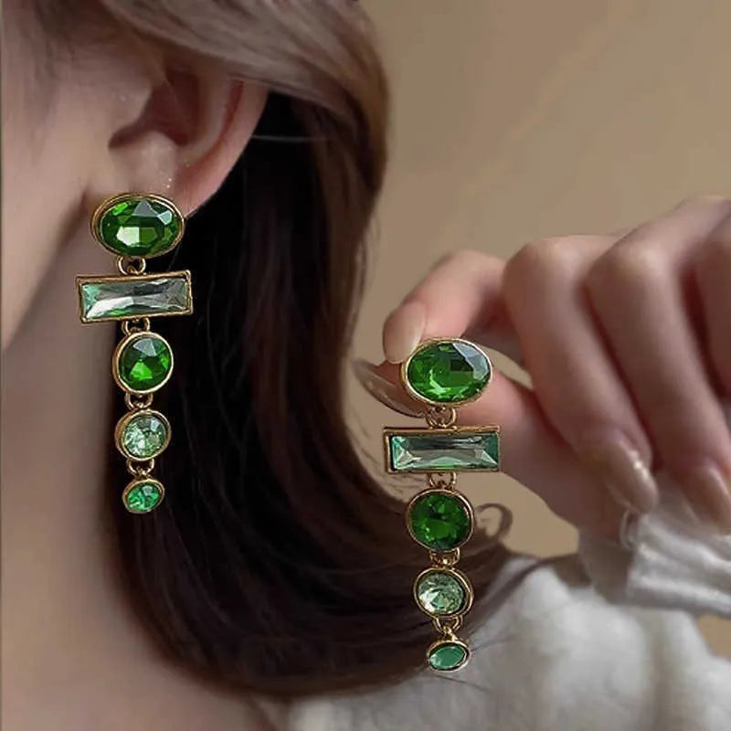Green geometric tassel earrings with zircon inlaid design and Chinese-style aesthetic