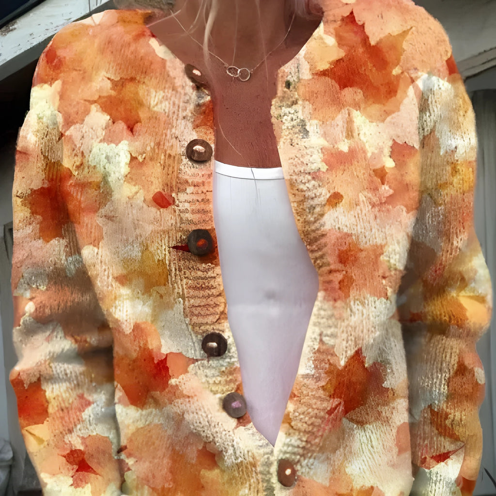 Yellow women's cardigan knitted coat with 3D stereo pattern digital printing, showing front view with regular sleeves