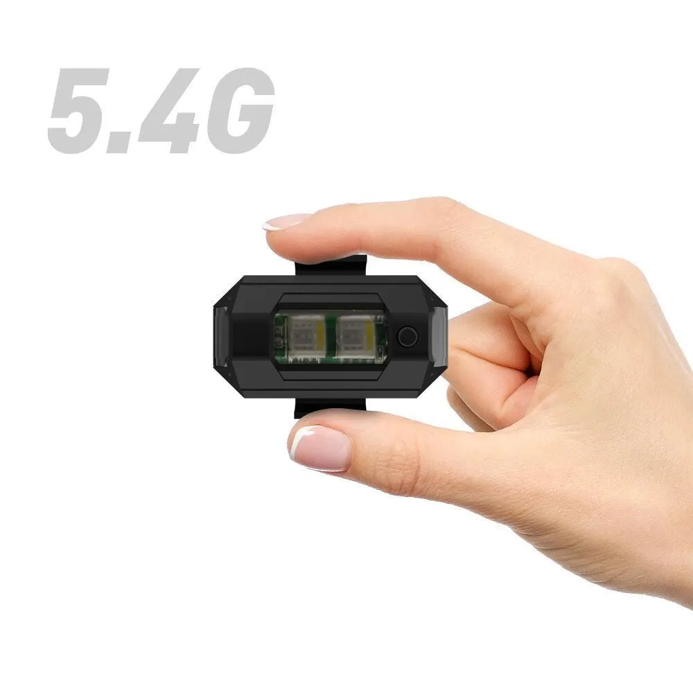Drone strobe light with RGB LED showing multiple colours, Type-C charging cable, and mounting tape and belts