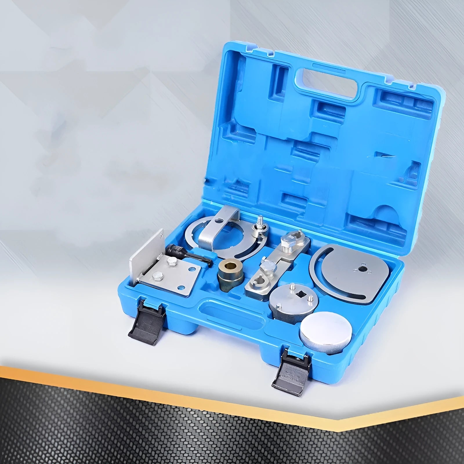 Volvo engine timing alignment tool kit made of carbon steel for cylinder head repair.