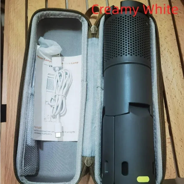 Portable LED camping lantern in off white or dark grey colour with a button switch.