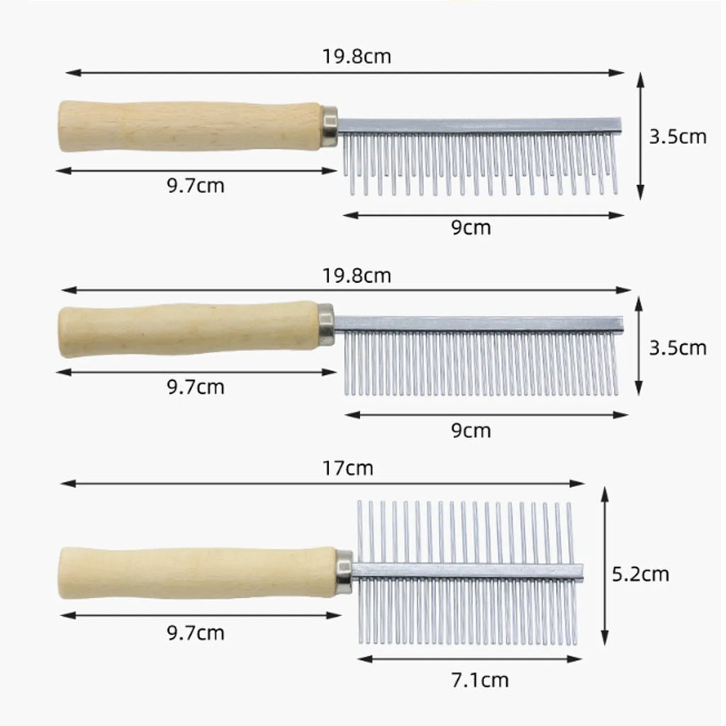 Wooden handle pet grooming comb for dogs and cats on a neutral background.