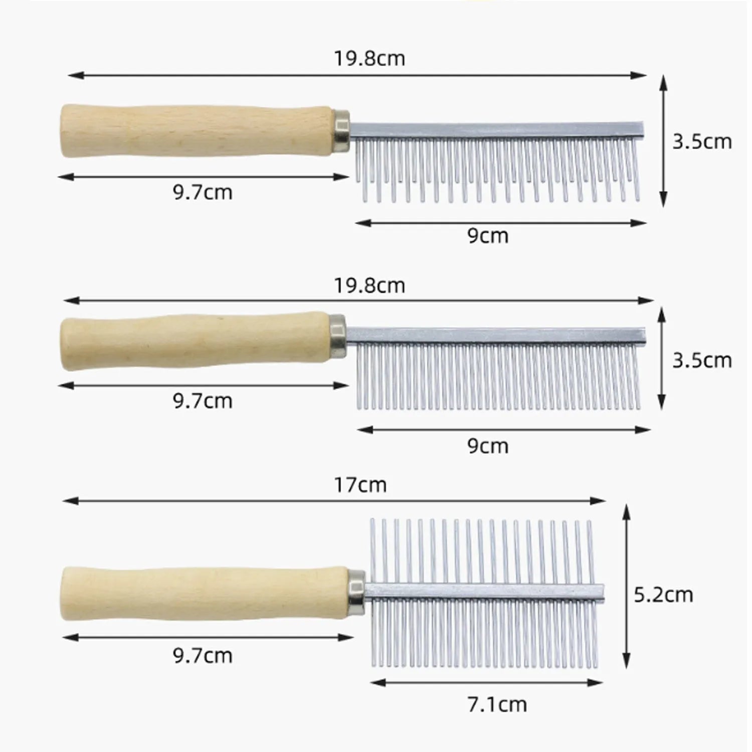Wooden handle pet grooming comb for dogs and cats on a neutral background.