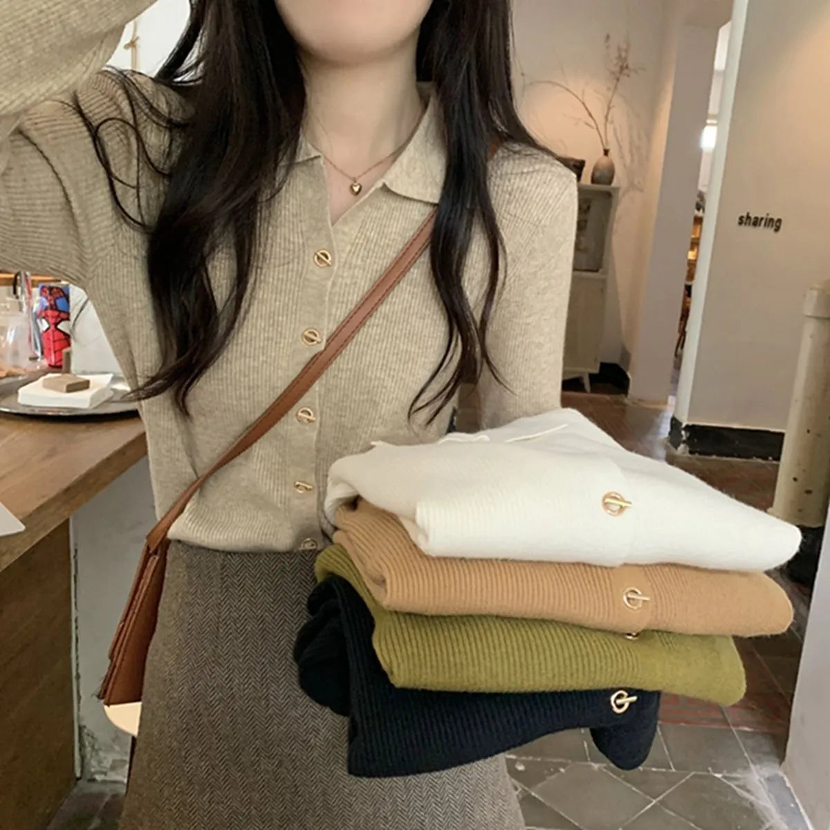 Women's loose fit viscose fibre knitted cardigan in beige colour with long sleeves