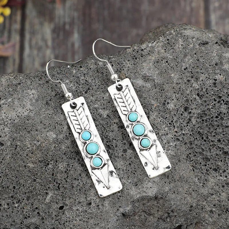Retro silver alloy dangle earrings with long strip geometric shape and turquoise inlay