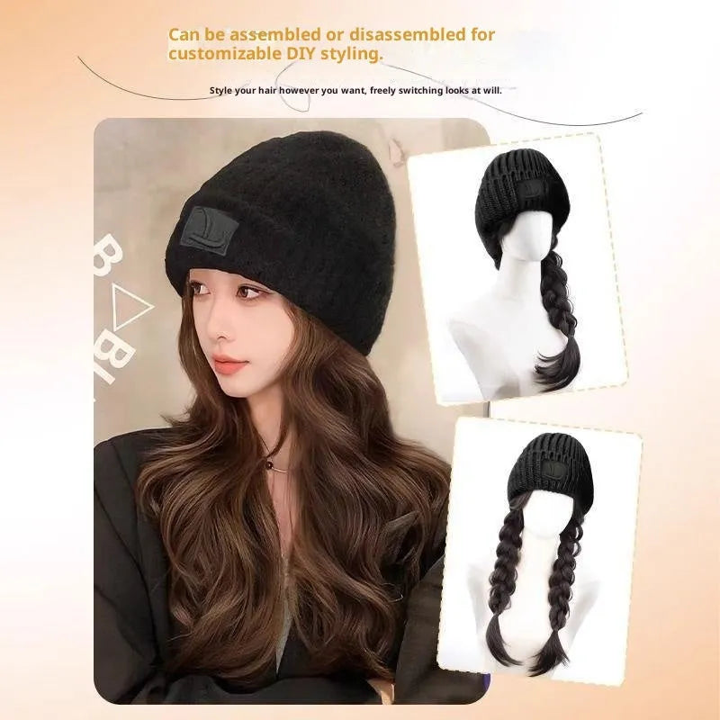 Hat wig women integrated big wave full-head style protein filament medium long hair brown black