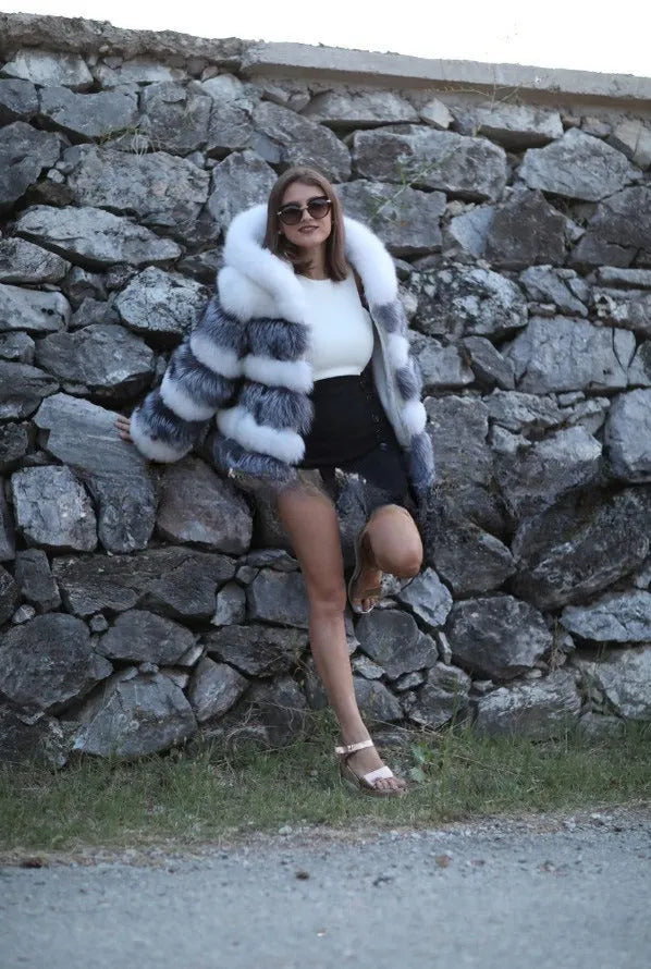 Women's loose fit hooded coat in artificial fur, shown in brown and white silver fox colours