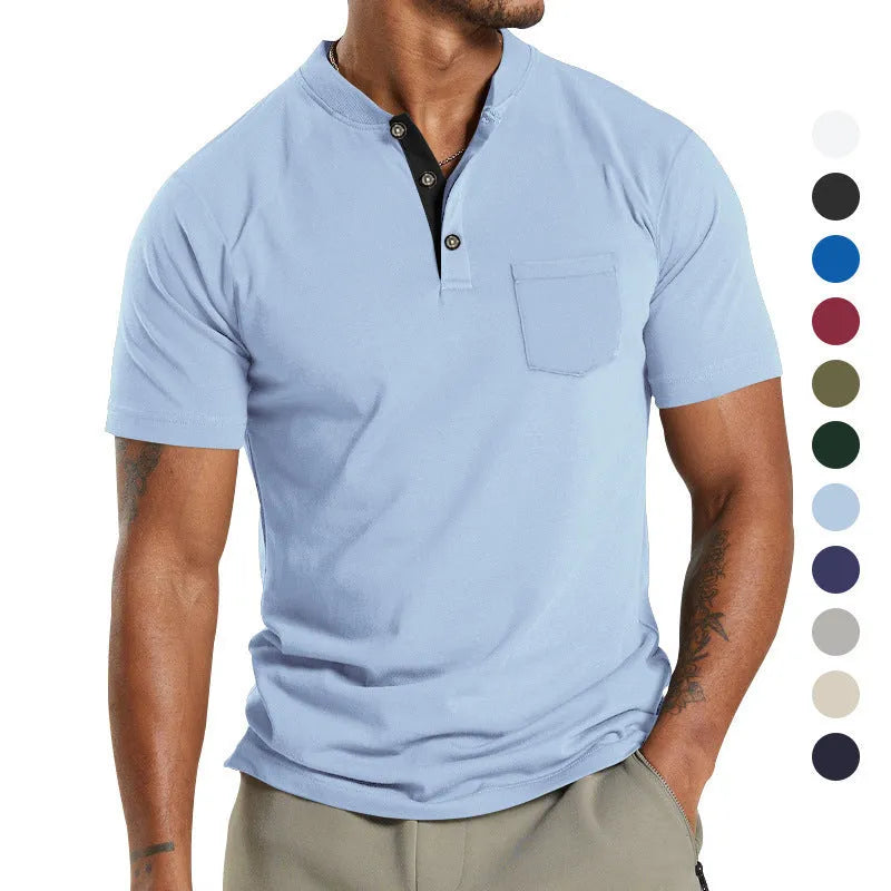 Men's short sleeve button-down polyester shirt with chest pocket in multiple colour options