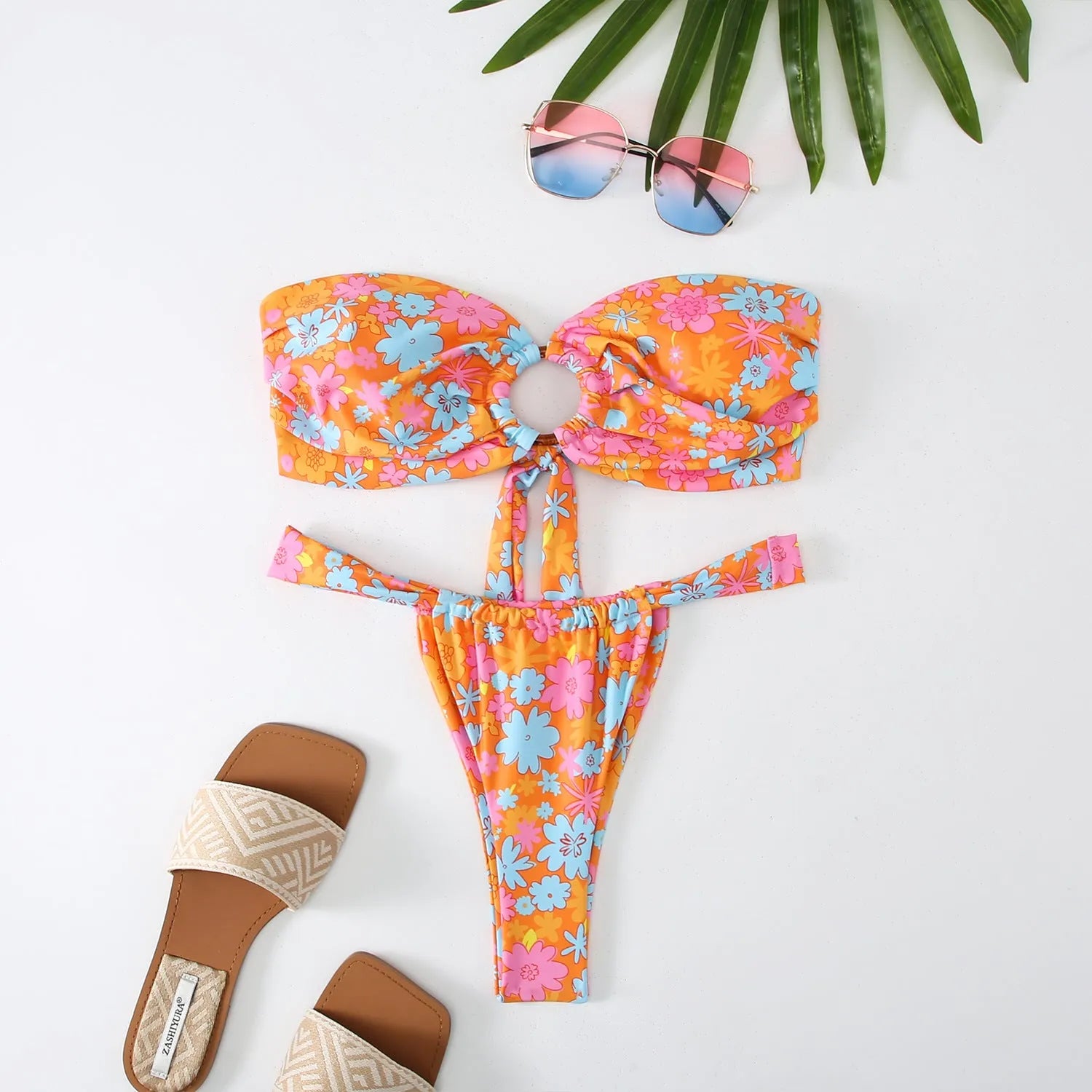 Women's floral printed tube top ring bikini swimsuit with briefs bottom