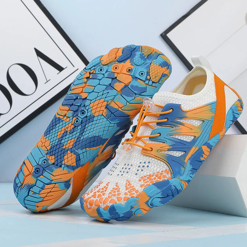 Men's and women's quick-drying mesh beach shoes in various colours with lace-up front and textured rubber sole.