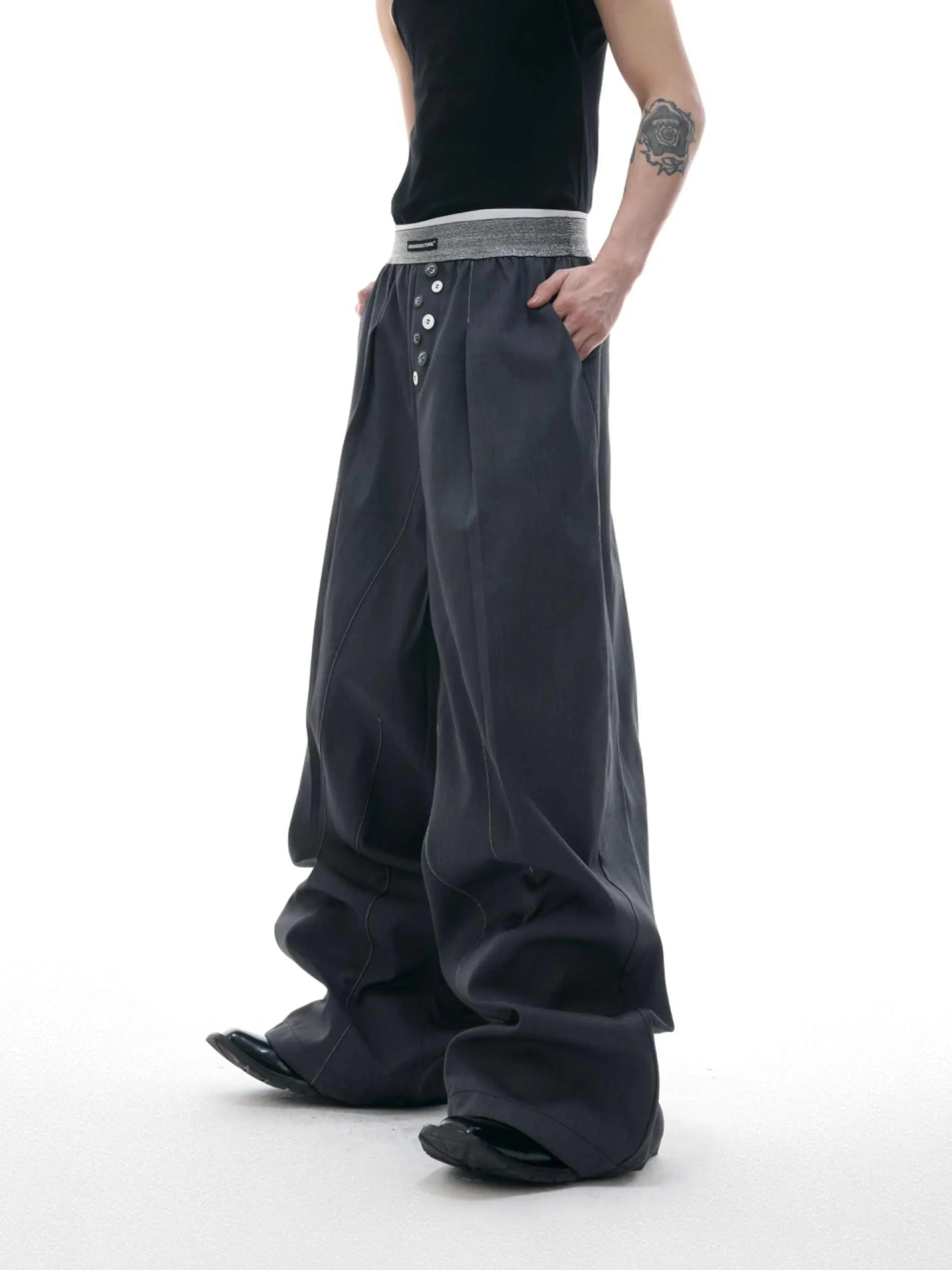 Drooping straight suit pants with button open line design detail on high waist straight-leg trousers
