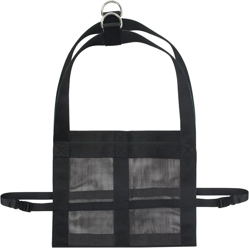 Black polyester livestock weighing sling with four handles, shown measuring 35 cm wide by 150 cm long.