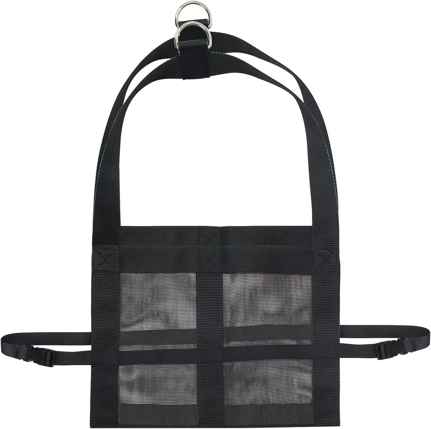 Black polyester livestock weighing sling with four handles, shown measuring 35 cm wide by 150 cm long.
