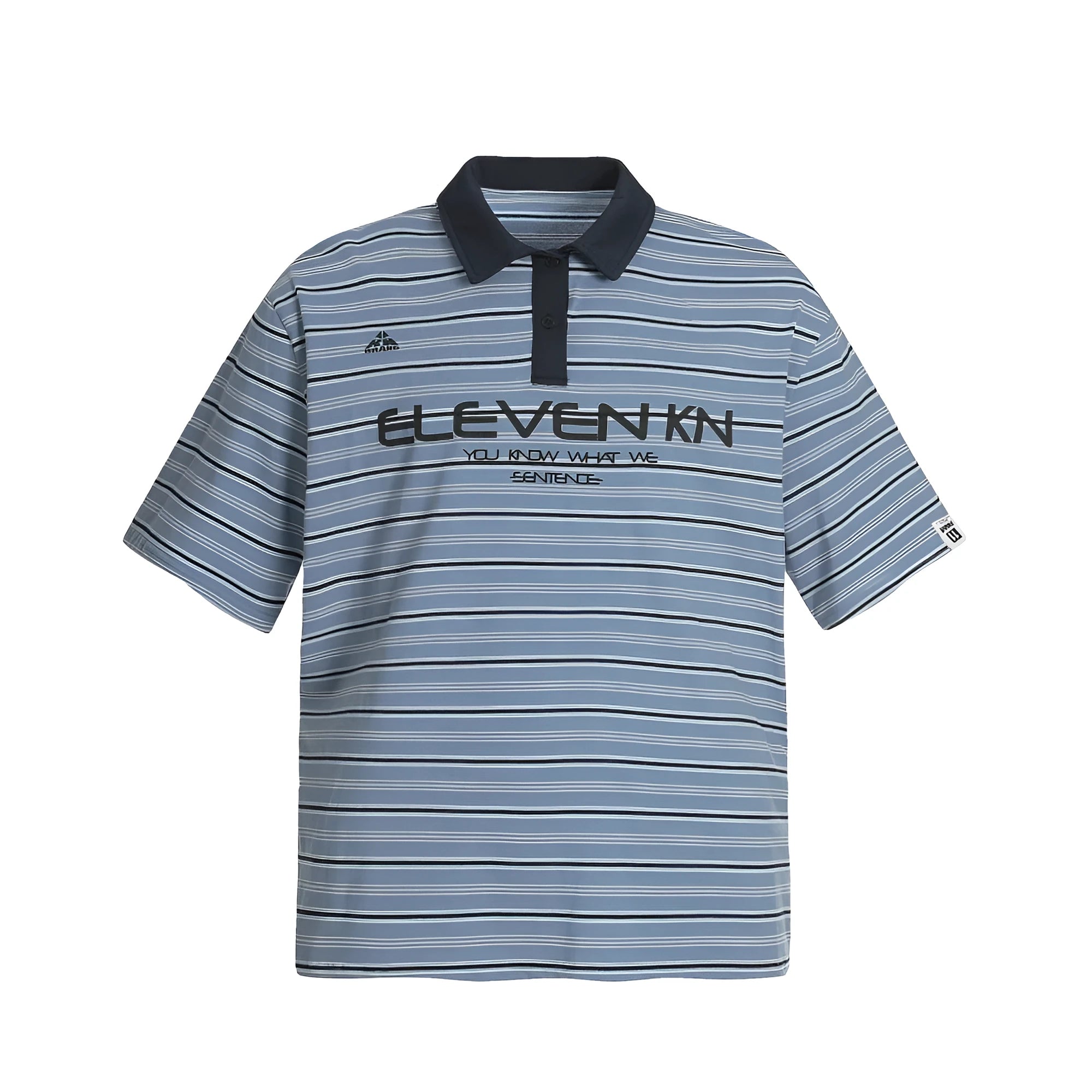 Blue stripe vintage short-sleeved polo shirt with loose fit on mannequin