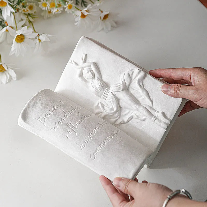 Glazed ceramic book stand sculpture in one of four modern styles: Lover, Dancer, Beauty and Beast, or Brushed Face.
