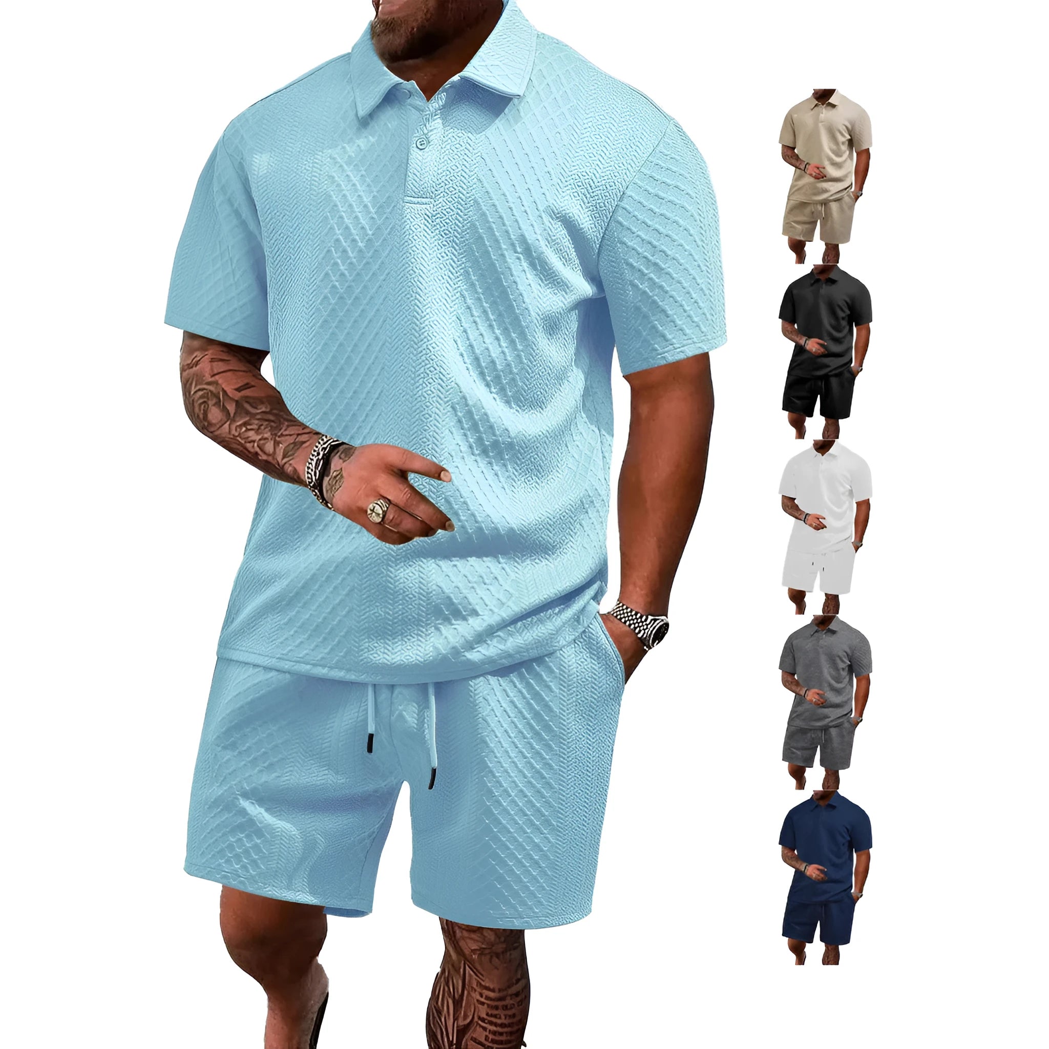 Men's pattern cloth short sleeve suit set in sports leisure style with polo shirt and trousers