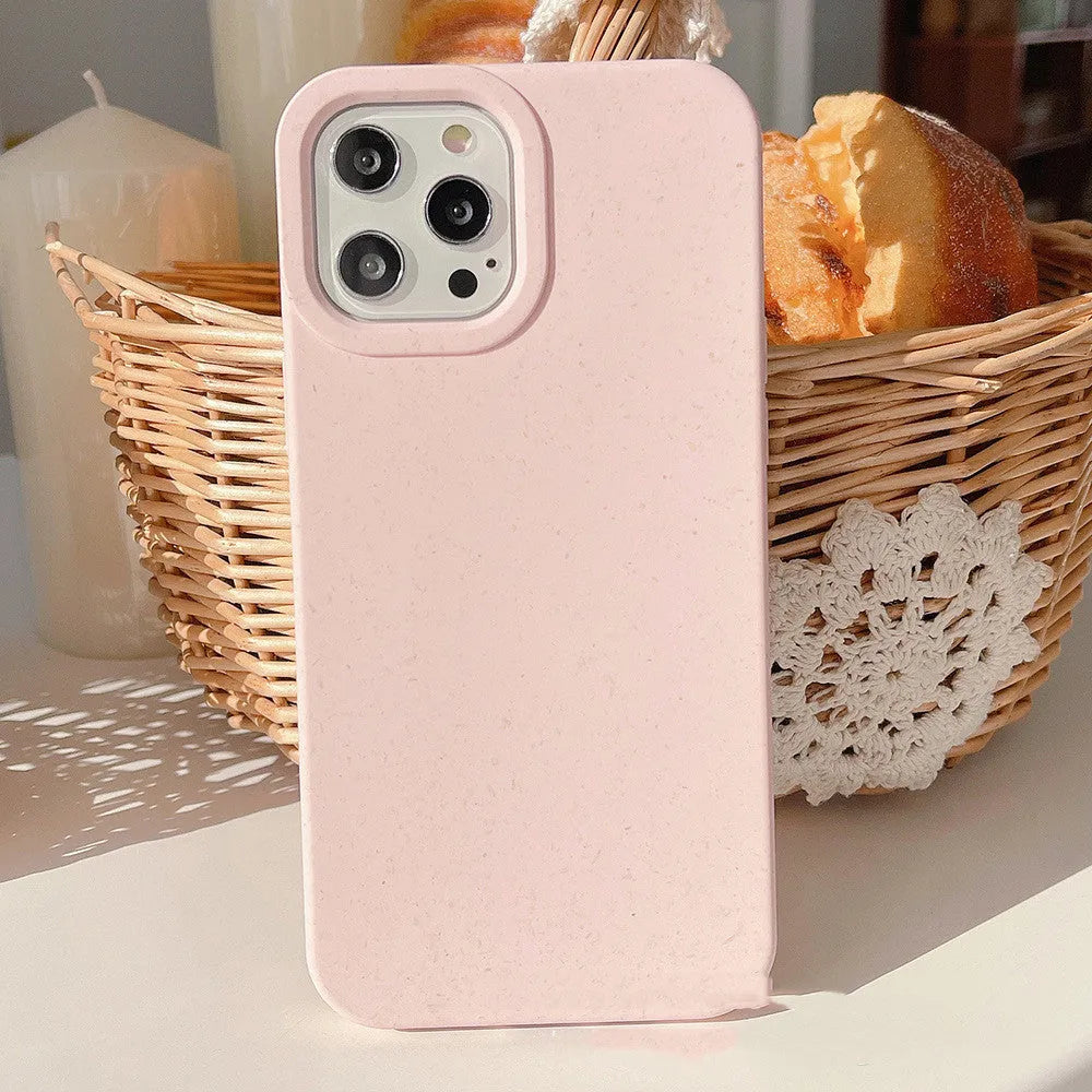Fully degradable wheat straw fibre phone case for iPhone on a white background.