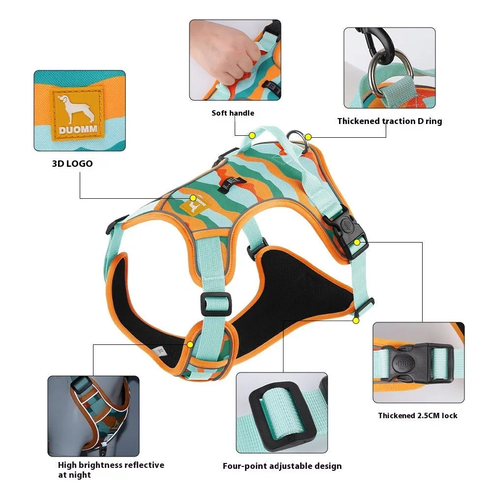 Orange Oxford cloth dog harness with reflective hand-holding rope on a dog's chest and back.