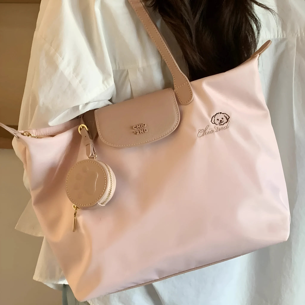 Large capacity Oxford cloth casual tote shoulder bag in pink with sandwich pocket and mobile phone compartment