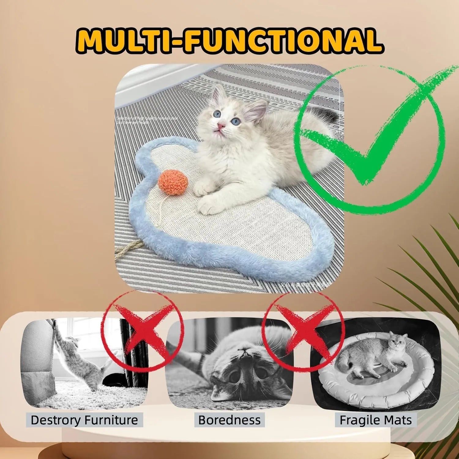 White wall-mounted cat scratching mat with cartoon sleeping cat design made from natural sisal.