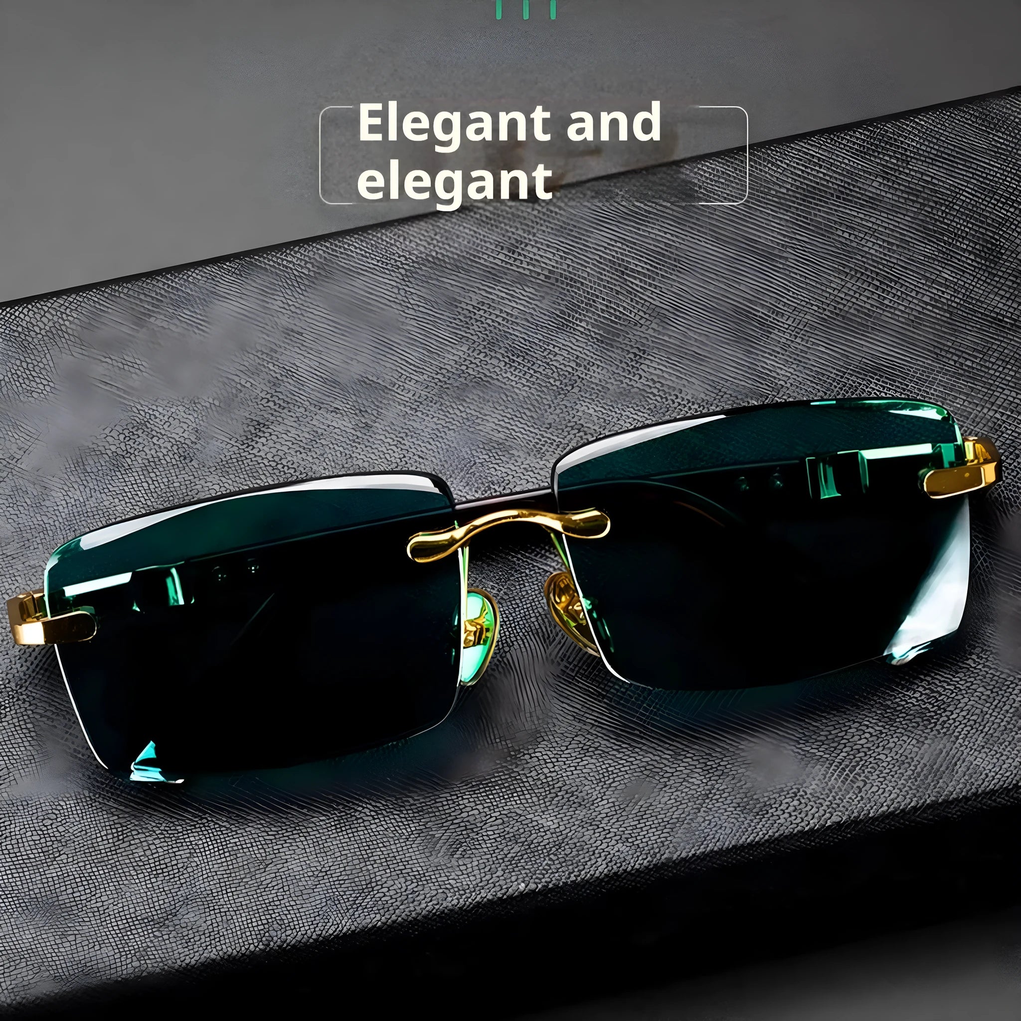 Dark green frameless crystal sunglasses with a glasses case and cleaning cloth.