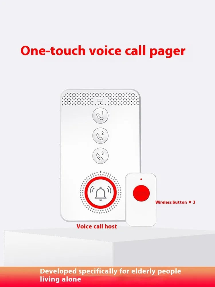 White emergency alert system with central buzzer unit and three wearable emergency buttons