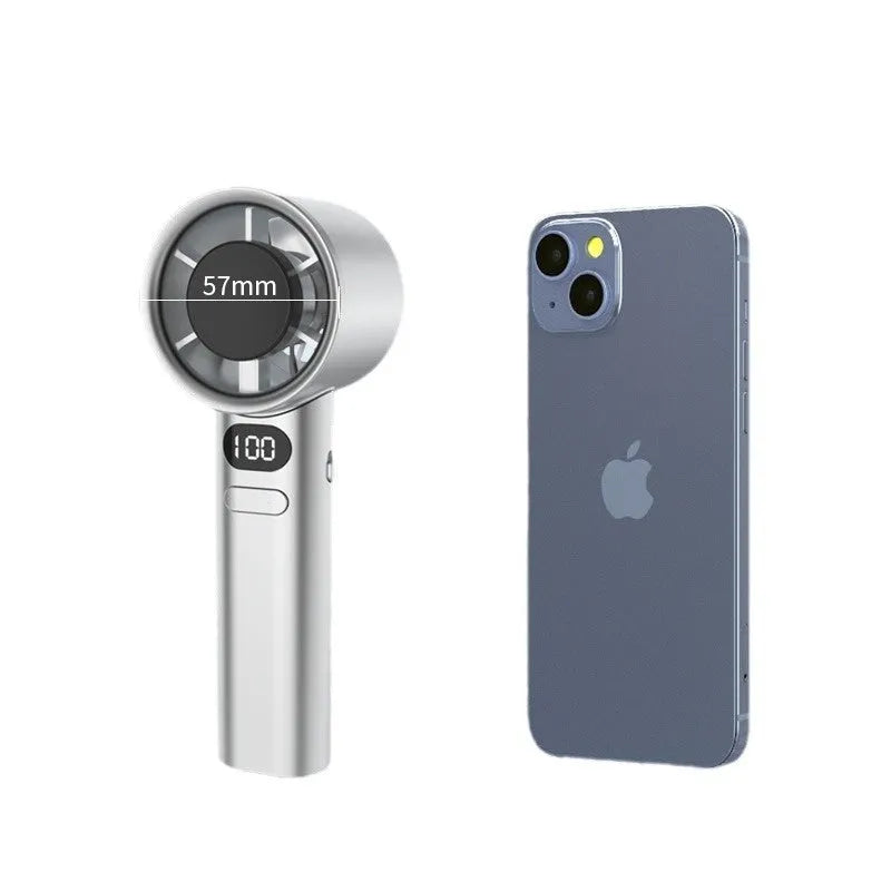 Handheld fan showing variable speed control, USB charging port, and green colour option