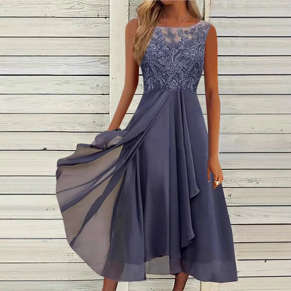 Women's sleeveless chiffon dress with lace hollow-out detail in blue, green or purple colours