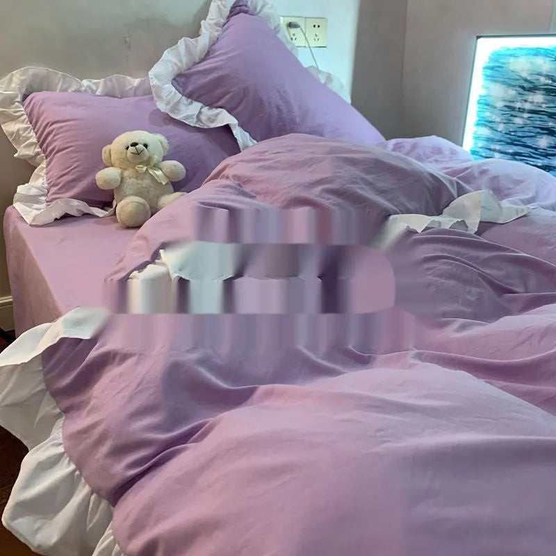 Mori style solid colour linen four-piece bedding set with quilt cover, sheet, and pillowcases.