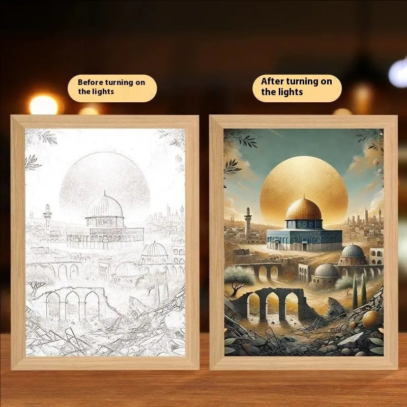 Modern rectangular LED photo frame displaying changeable sea scene artwork with built-in illumination