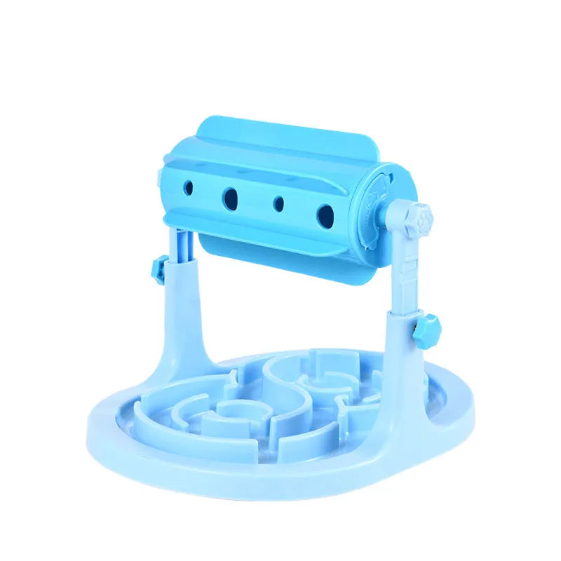 Blue interactive pet slow feeder bowl with adjustable height and puzzle design