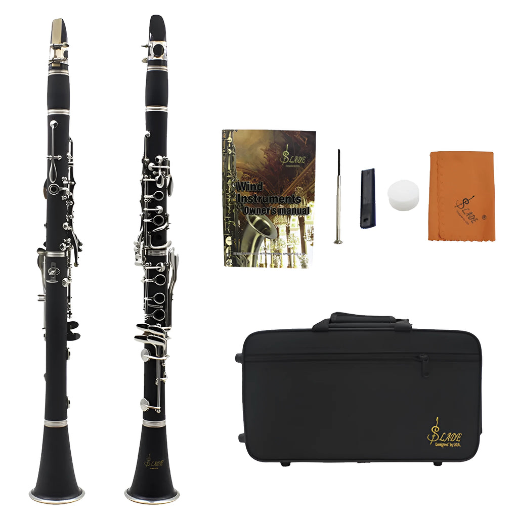 Black bakelite clarinet with nickel-plated keys and included instrument bag