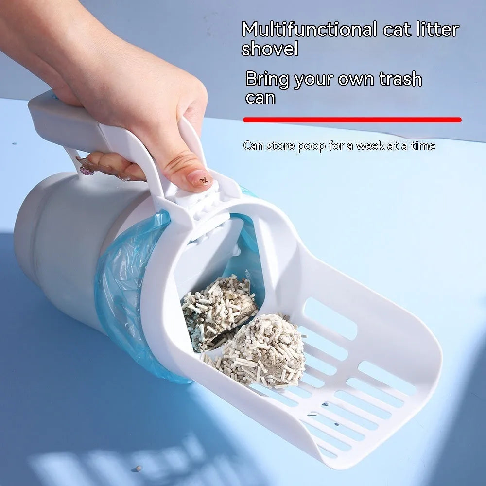 Grey cat litter scoop with waste collection bin showing foldable bottom design
